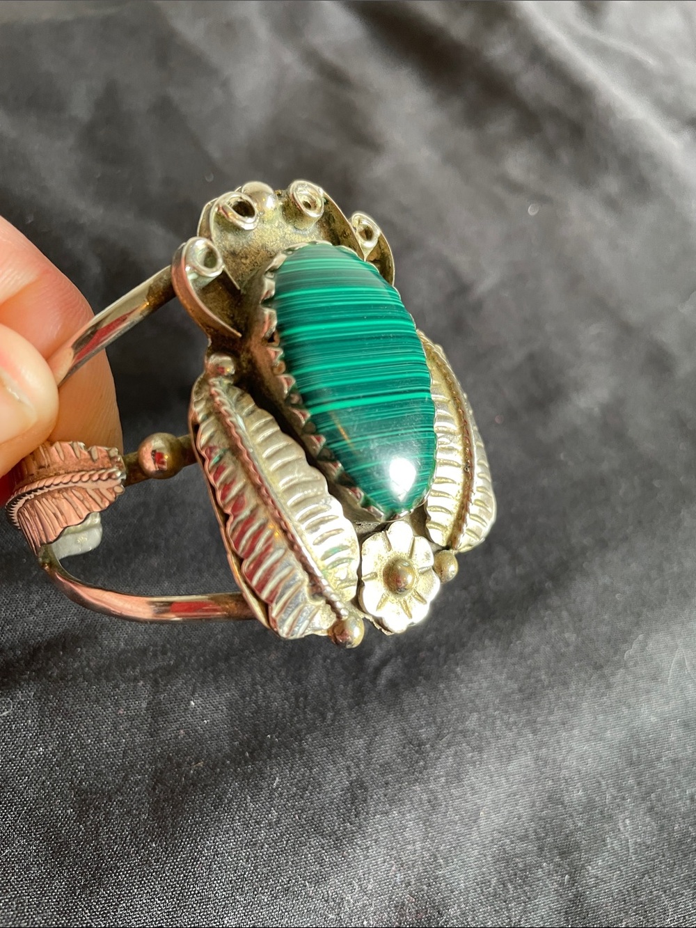 Sterling Silver Cuff Bracelet with Green Malachite Center- Adustable - Picture 5 of 9